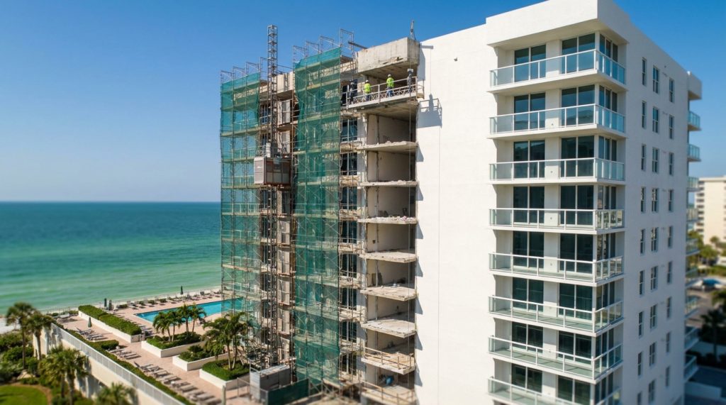 Beachfront condo tower under balcony restoration with scaffolding