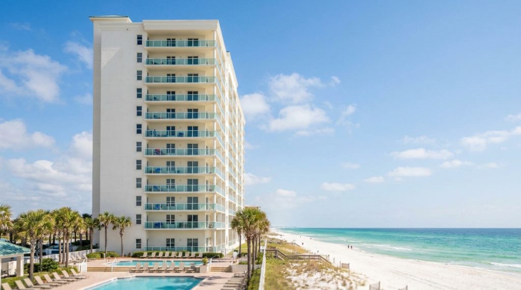 Gulf-front condominium tower with a pool deck on Florida's Emerald Coast