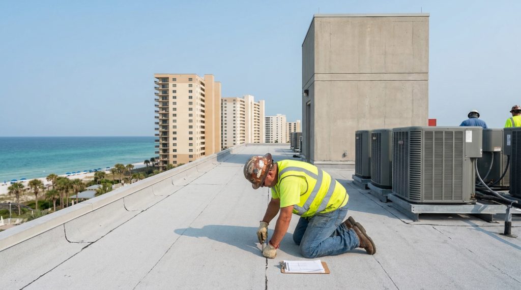Inspector examining the flat roof of a coastal condo building