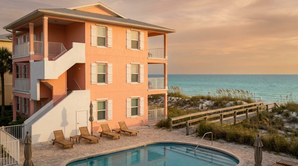 Small eight-unit beachfront condominium building with a pool