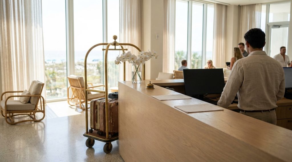 Condo-hotel lobby with a front check-in desk and luggage cart